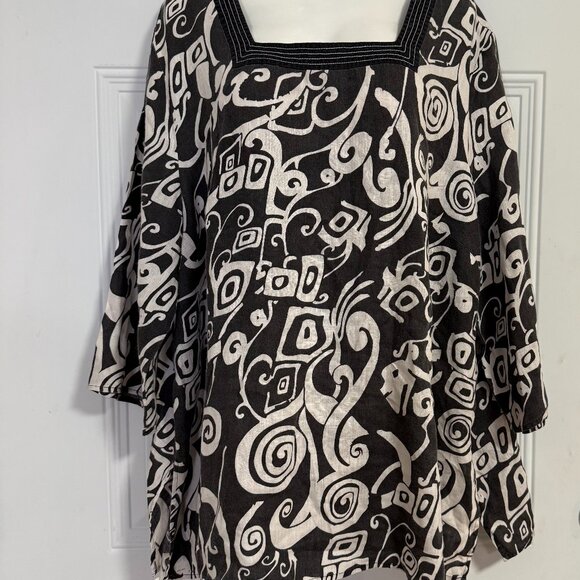 Black White Abstract Print Tunic Blouse Square Neck Oversized Boho Top - Picture 10 of 11